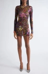 Area Hotfix Printed Long Sleeve Tulle Minidress In Multi