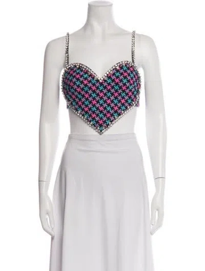 Pre-owned Area Houndstooth Print V-neck Crop Top In White
