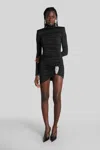 Area Crystal Cluster Ruched Turtleneck Mini Dress In Black
