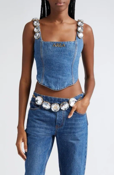 Area Crystal-embellished Denim Corset Top In Medium Wash