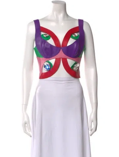 Pre-owned Area Lamb Leather Colorblock Pattern Crop Top In Multi