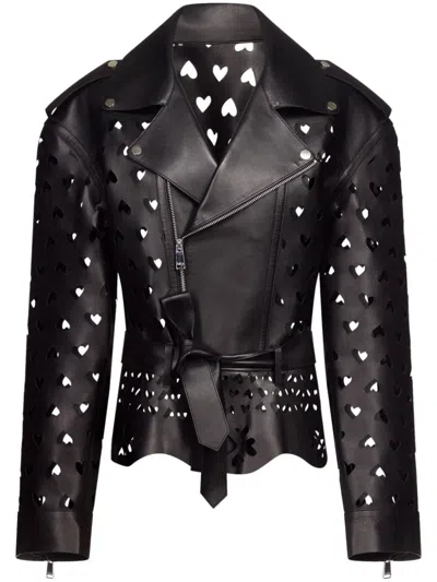 Area Laser-cut Heart Leather Jacket In Black