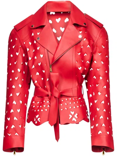 Area Laser-cut Heart Leather Jacket In Red