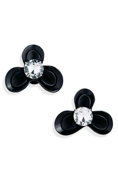 Area Leather Flower Stud Earrings In Black/ Silver