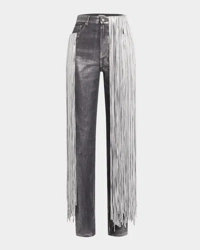 Area Metallic Fringe Straight Leg Jeans In Silver