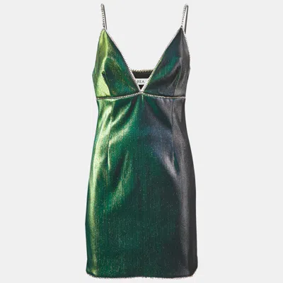 Pre-owned Area Metallic Green Lamé Crystal Embellished Strappy Mini Dress L