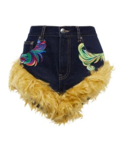 Area Mohair Fur-trimmed Embroidered Shorts In Black