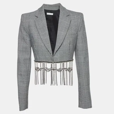 Pre-owned Area Monochrome Houndstooth Wool Blend Embellished Crop Blazer S In White