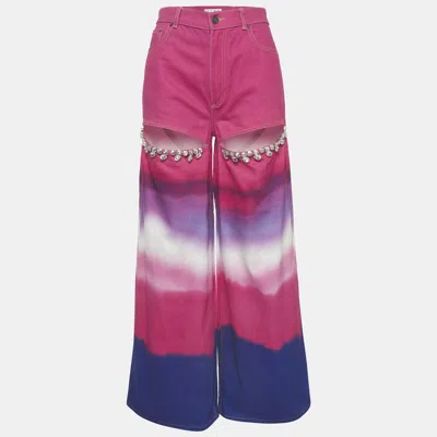 Pre-owned Area Multicolor Ombre Crystal Embellished Denim Cut Out Wide Leg Jeans S/waist 26"