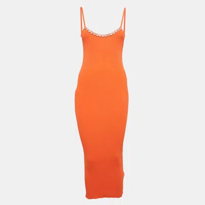Area Orange Rib Knit Crystal Embellished Midi Dress