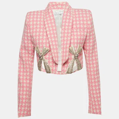 Area Pink Houndstooth Crystal Embellished Bow Slit Cropped Blazer