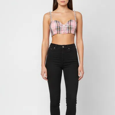Pre-owned Area Pink Plaid Checked Wool Crystal Embellished Corset Top M