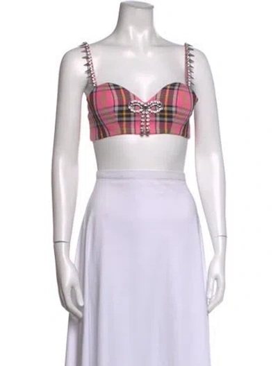 Pre-owned Area Plaid Print Square Neckline Crop Top In Black