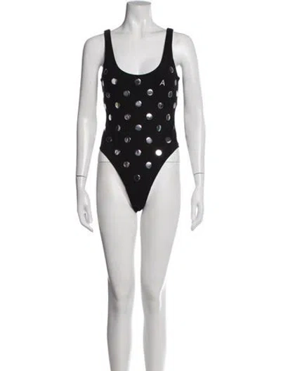 Pre-owned Area Polka Dot Print Scoop Neck Bodysuit In Black