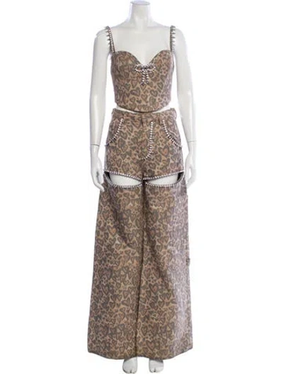 Pre-owned Area Printed Crystal Embellishments Pant Set In Neutral