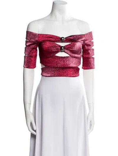 Pre-owned Area Printed Off-the-shoulder Crop Top In Red