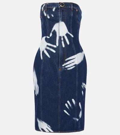 AREA PRINTED STRAPLESS DENIM MIDI DRESS