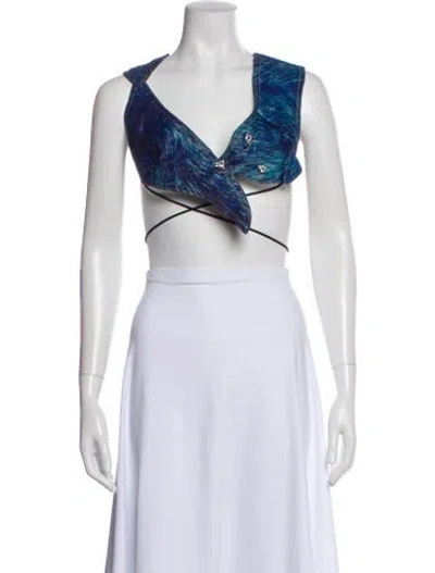 Pre-owned Area Printed V-neck Crop Top In Black