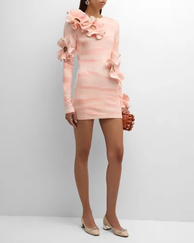 Area Ruffle Flower Cutout Long-sleeve Mini Dress In Whipped White Sweet Salmon