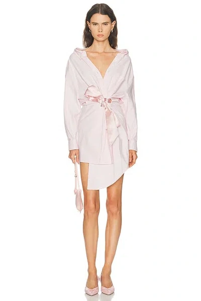 Area Satin Knot Oxford Shirt Dress In White