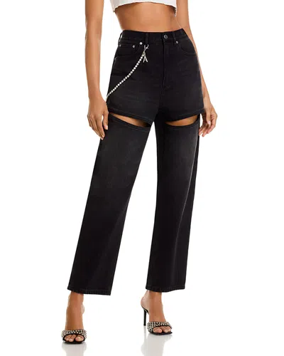 Area Crystal Cutout Slit Straight Leg Jeans In Black