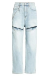 Area Slit Straight Leg Jeans With Crystal Chain In Light Blue