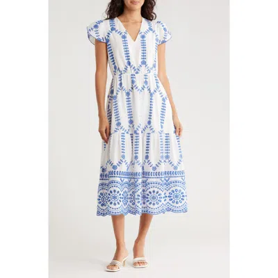 Area Stars Ani Embroidered Eyelet Cap Sleeve Midi Dress In Blue