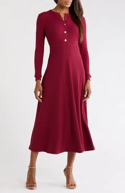 Area Stars Ashton Long Sleeve Thermal Knit Midi Dress In Burgundy