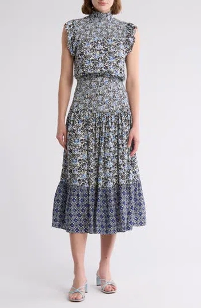 Area Stars Blue Vine Flutter Sleeve Smocked Midi Dress