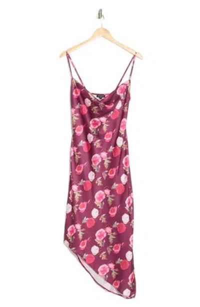 Area Stars Bouquet Asymmetric Satin Slipdress In Burgundy