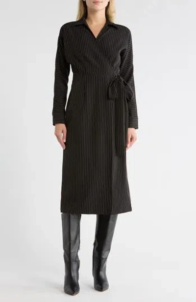 Area Stars Cass Pinstripe Long Sleeve Wrap Dress In Black
