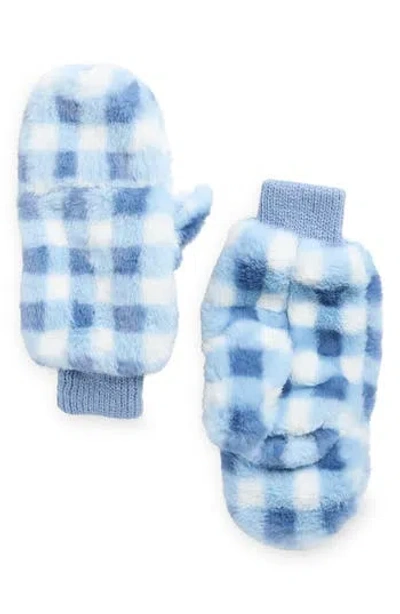 Area Stars Checkered Faux Fur Mittens In Blue