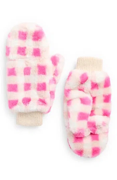 Area Stars Checkered Faux Fur Mittens In Pink