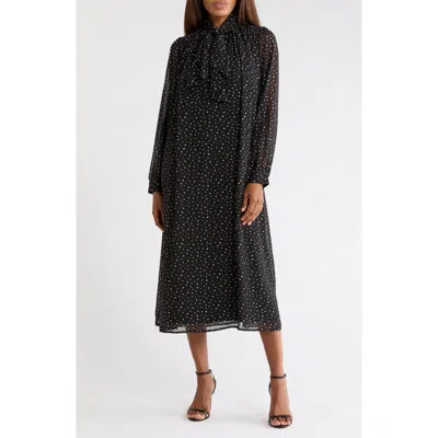 Area Stars Dot Print Tie Neck Long Sleeve Midi Dress In Black