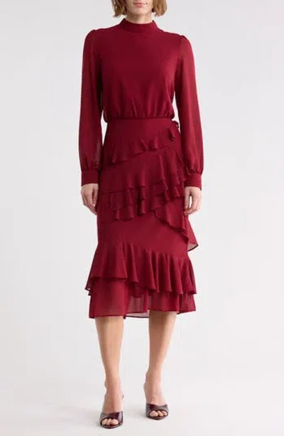 Area Stars Evelyn Mock Neck Long Sleeve Ruffle Midi Dress In Red