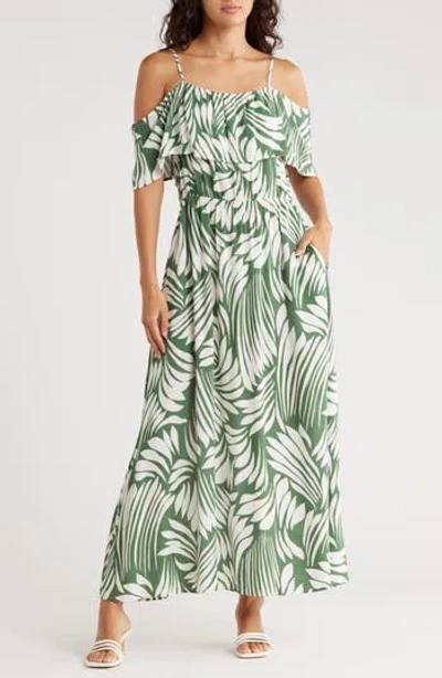 Area Stars Fan Print Cold Shoulder Maxi Dress In Green