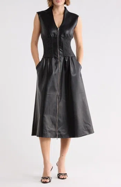 Area Stars Faux Leather Sleeveless Front Zip Midi Dress In Black