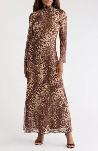 Area Stars Leopard Print Long Sleeve Jersey Maxi Dress In Burgundy