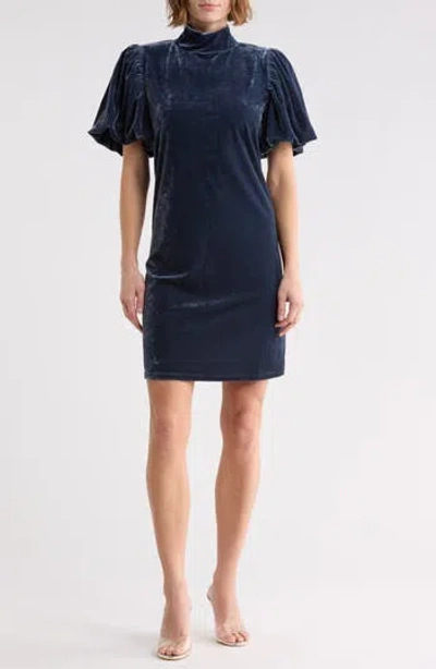 Area Stars Mock Neck Puff Sleeve Velvet Dress In Blue