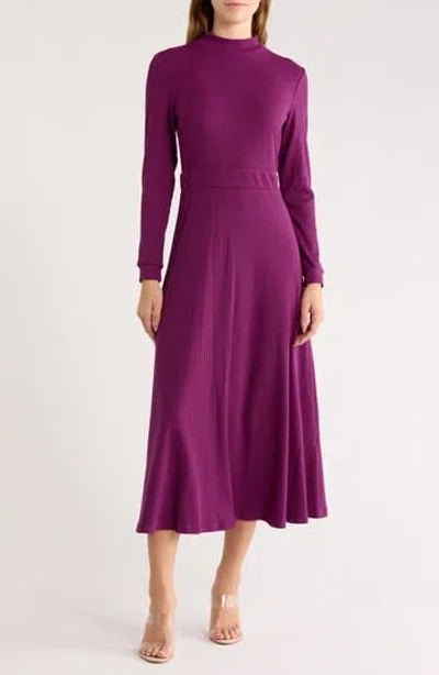 Area Stars Oaklyn Long Sleeve Ribbed Fit & Flare Midi Dress In Purple