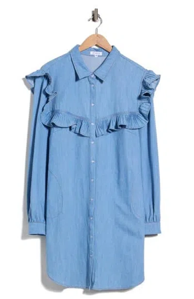 Area Stars Parker Ruffle Denim Babydoll Shirtdress In Blue
