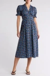 Area Stars Puff Sleeve Button Front Dress In Blue Leaf