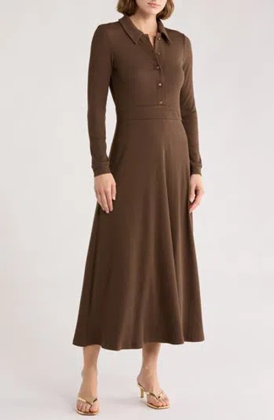 Area Stars Raya Long Sleeve Rib Midi Dress In Brown