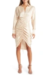 AREA STARS RUCHED LONG SLEEVE SATIN DRESS