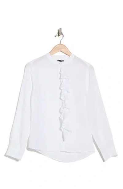 Area Stars Ruffle Long Sleeve Linen Button-up Shirt In White