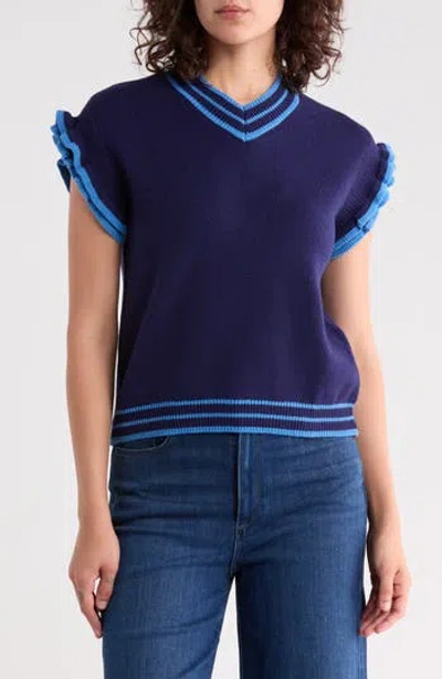 Area Stars Ruffle Sleeve Stripe Knit Top In Blue
