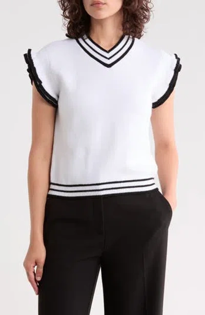 Area Stars Ruffle Sleeve Stripe Knit Top In White