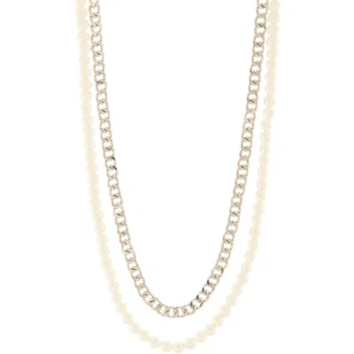 Area Stars Set Of 2 Imitation Pearl & Curb Chain Necklaces In Multi Ivory/gold