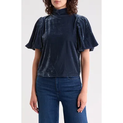 Area Stars Velvet Mock Neck Puff Sleeve Top In Dark Blue