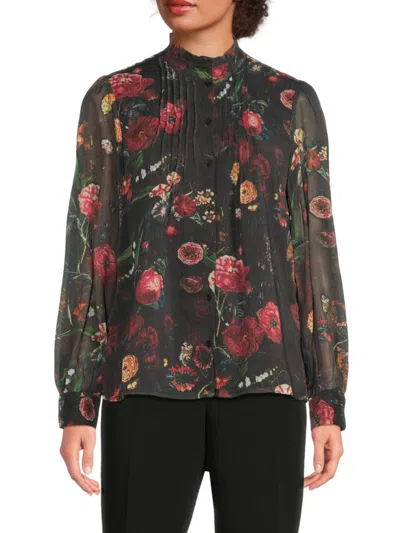 Area Stars Women's Ada Floral Print Pleated Chiffon Blouse In Black